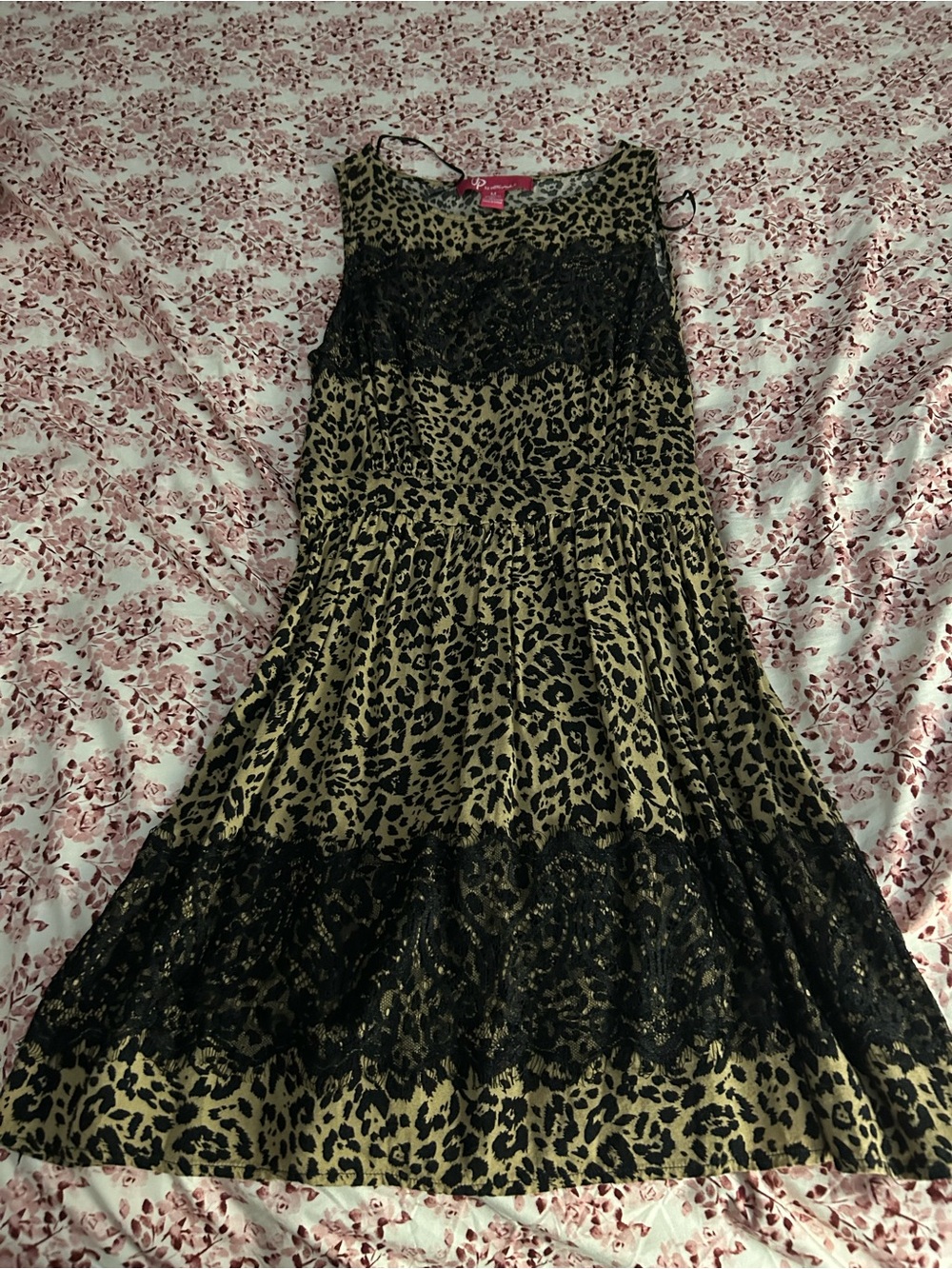 Leopard Print Lace-Trim Sleeveless Dress - Black and Tan